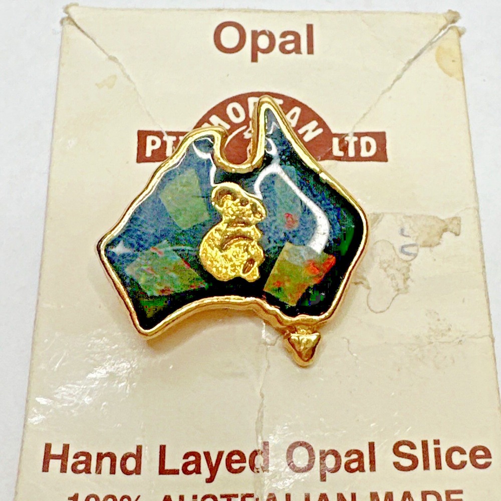Vintage Australia Map Brooch Opal Inlay Gold Tone Koala Pin Souvenir Jewelry